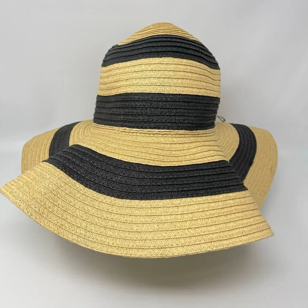 Panama Jack Sun Straw Hat Tan Navy Blue Tassel Floppy Wide Brim Women’s OSFM